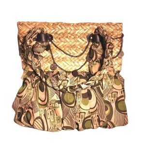 Sun 'N Sand Green and Tan Woven Straw & Fabric Summer Tote 12"X14"(flat)